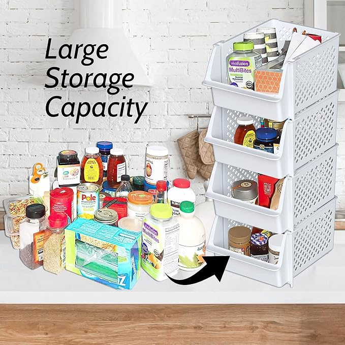 Skywin Stackable Storage Bins Open Front for Pantry Storage, 4 Pack - White | Sturdy Plastic, Easy Stacking, Open Front Access, Ventilated Sides, Vertical & Space Saving Pantry Organizers and Storage Bin - Image 2
