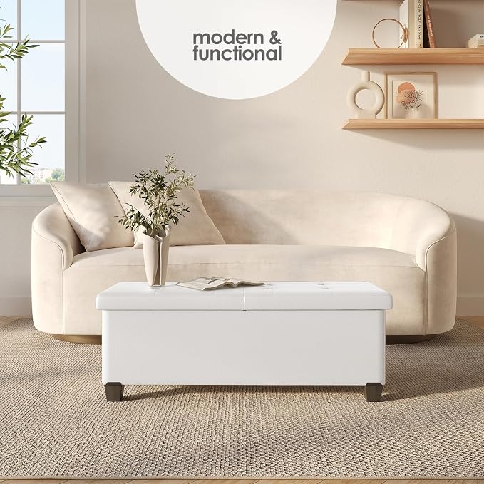 Storage Ottoman Bench with Bins, 43-in Storage Bench for Bedroom End of Bed, Folding Foot Rest Ottoman for Living Room Max 660lbs, Faux Leather Ottomans, Cream - Image 2