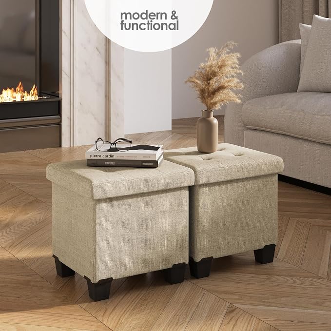 Storage Ottoman Cube with Small Bin, 15-in Square Ottoman with Storage for Living Room and Bedroom, Small Ottomans Foot Rest, Fabric Foot Stools Ottomans Max 330lbs, Beige - Image 2