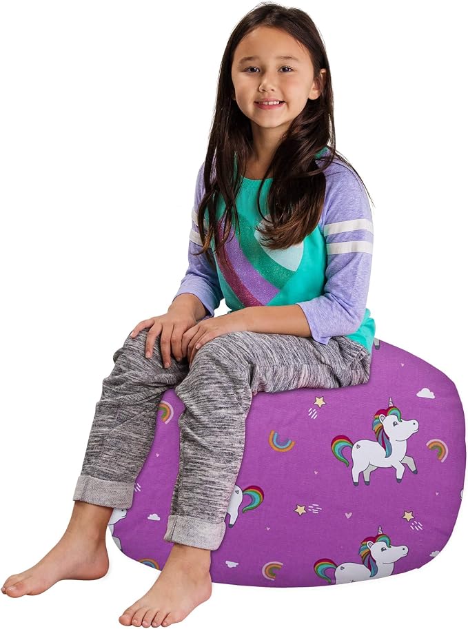 Posh Creations Kids Stuffed Animal Storage Bean Bag Chair Cover - Childrens Toy Organizer, Medium-27in, Canvas Unicorn and Rainbows on Purple - Image 4