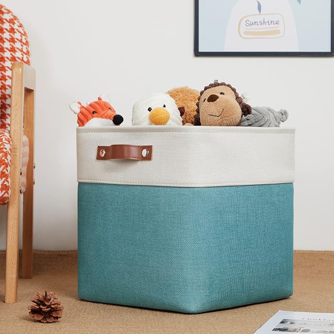 DULLEMELO Square Storage Cubes Baskets for Gifts Empty, 12 inch Cube Stroage Bins Linen Closet Organizers and Storage Baskets for Toy Nursery Shelves Bedroom Storage(4 Pack - 12" White&Teal) - Image 4
