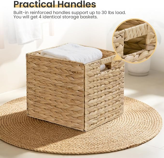 Rectangular Storage Baskets 13x11in, 4 Pack Water Hyacinth Wicker Bins with Handles, Foldable Natural Organizer for Shelves Kitchen Closet, Handwoven Storage Cubes - Image 7