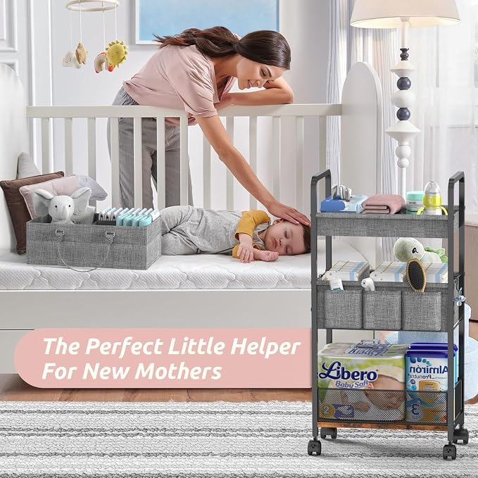 LIDTOP 2In1 Baby Diaper Caddy & 3-Tier Rolling Diaper Cart, Diaper Caddy Organizer Cart with Dividers, Mobile Metal Utility Cart for Nursery Essentials, Detachable Bedside Cart, Large Capacity - Image 4