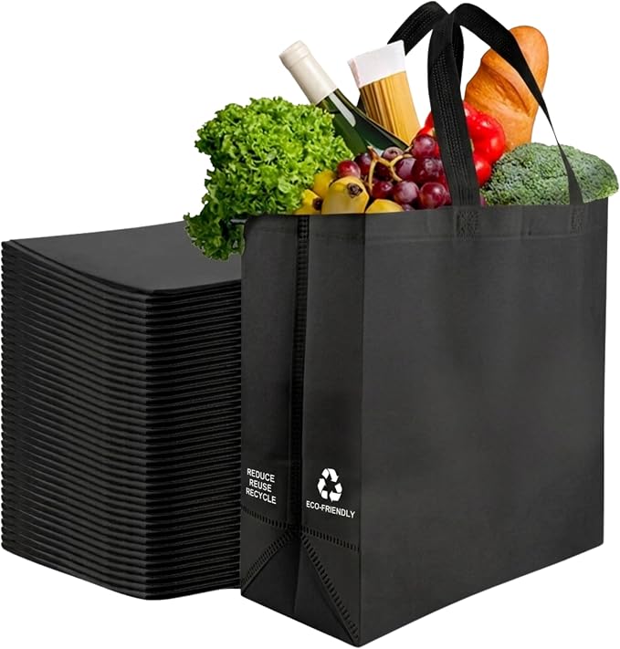 Simply Cool 400 Pack Reusable Grocery Bags, Medium Tote Bags Bulk, Black | 12.6"x6.3"x11.8" Heavy Duty Non-woven Custom Shopping Bags with Handles, Foldable, Washable for Retail and Commercial use by SimplyCool