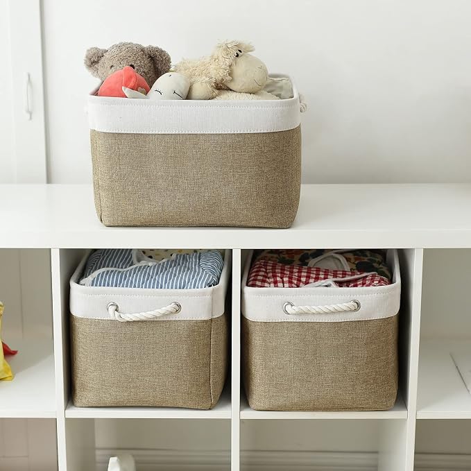 Organization and Storage Basket for Gifts Empty - 16x12x12 inch Cube Storage bin 3 Pack Fabric Storage Cubes, Collapsible Baskets for Organizer Closet Cloth Gift Toy (White & Khaki) - Image 2