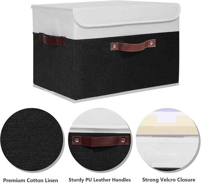 ANMINY Fabric Storage Box Bins with Lids, Black White, 15"x10"x10", 2 Pack | Keepsake Memory Storage, Cotton Linen, PP Board Reinforced, Washable, PU Handles, Foldable & Stackable, Decorative, Large - Image 3