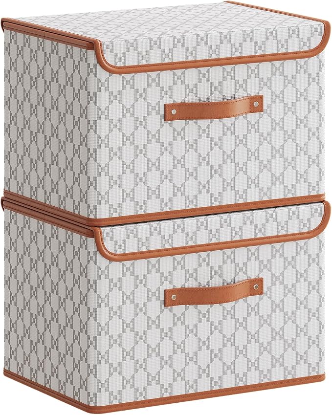 Tuza 2 Pack Fabric Storage Bins with Lids, Collapsible Closet Organizer Container, Decorative Storage Boxes with Lids for Organizing Clothes, Blanket, Grey & White, Medium by LOVEWHEREYOULIVE