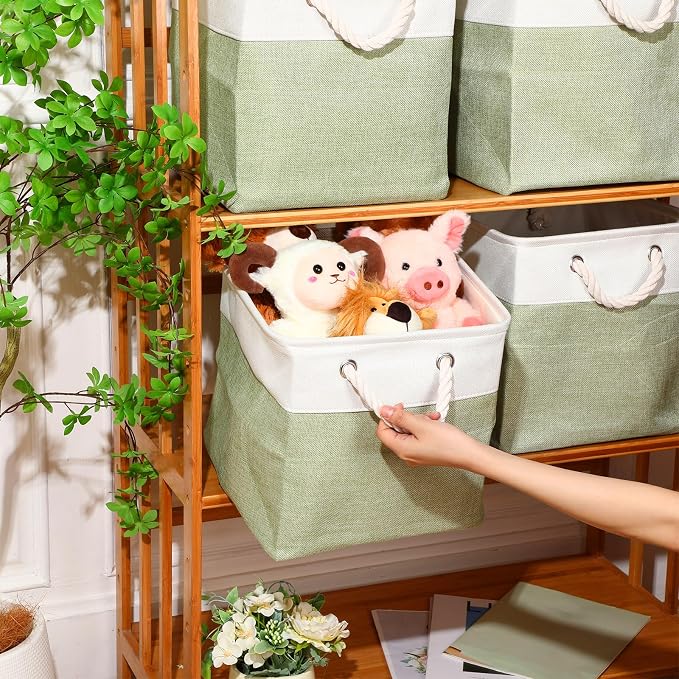 meekoo 8 Pack Collapsible Storage Bins Fabric Storage Bins Polyester Fabric Baskets with Handles Linen Closet Organizer for Shelf Home Closet Towels Toys(12 x 12 x 12 in,Green White) - Image 2