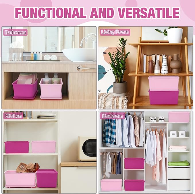 6 Pcs Small Plastic Storage Bins with Lids,Pink Series - Image 4