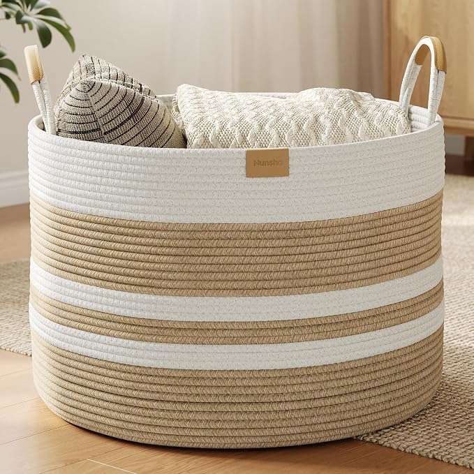 Nunsino 72L Woven Blanket Basket with Leather Handles, Cotton Rope Laundry Basket Hamper,Decorative Nursery Basket Toy Storage Basket for Kids, Living Room, Bedroom, Beige Stripes by Nunsino