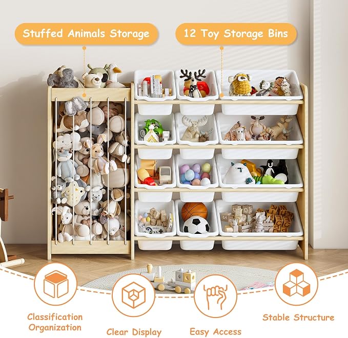 EXPERLAM Kids Toy Storage Organizer, 2-in-1 Stuffed Animal Storage & Toy Organizer w/12 Bins, Solid Wood Toy Rack Featuring Thicker Elastic Ropes to Hold Toys, Playroom Nursery Bedroom Storage, White - Image 5