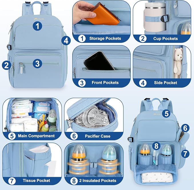 IBVIVIC Diaper Bag Backpack with Portable Changing Pad, Light Blue | Multifunctional Baby Bag for Mom Dad, Large Capacity, Stroller Straps, Insulated Bottle Pockets & Pacifier Case - Image 6