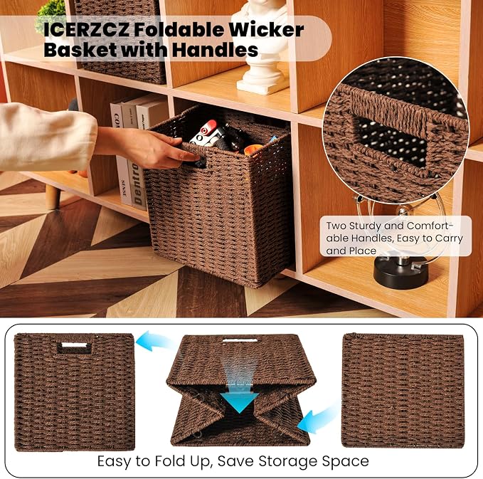 ICERZCZ Wicker Storage Baskets for Organizing Shelves, Paper Rope Woven Basket for Storage, Wicker Storage Cubes Bins, 11"x10.25"x11", 2 Packs, Brown - Image 6