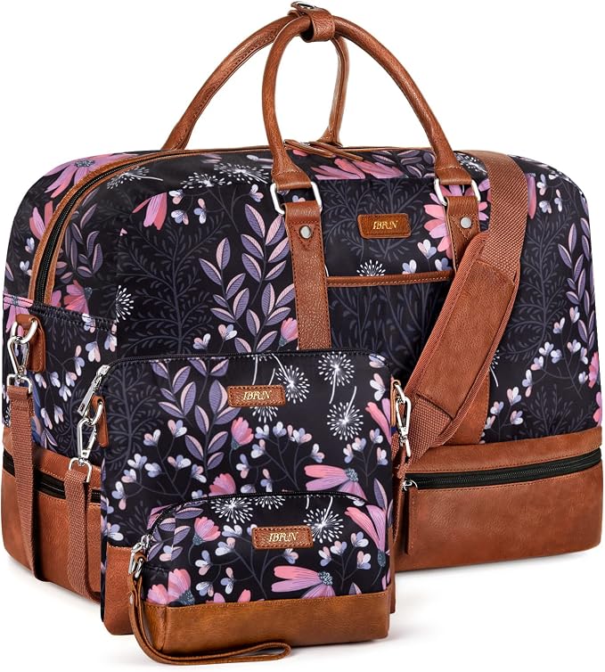 Weekender Bag for Women, Large Overnight Bag Canvas Travel Duffel Bag Carry On Tote with Shoe Compartment 21" 3Pcs Set by IBFUN