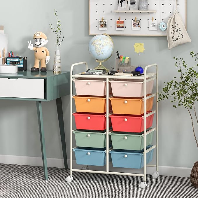 COSTWAY 10 Drawer Rolling Storage Cart, Utility Cart with Lockable Wheels | Mobile Art Supply Craft Organizer with Metal Frame, Multipurpose Drawer Cart for Paper for Office, School, Macaron - Image 2