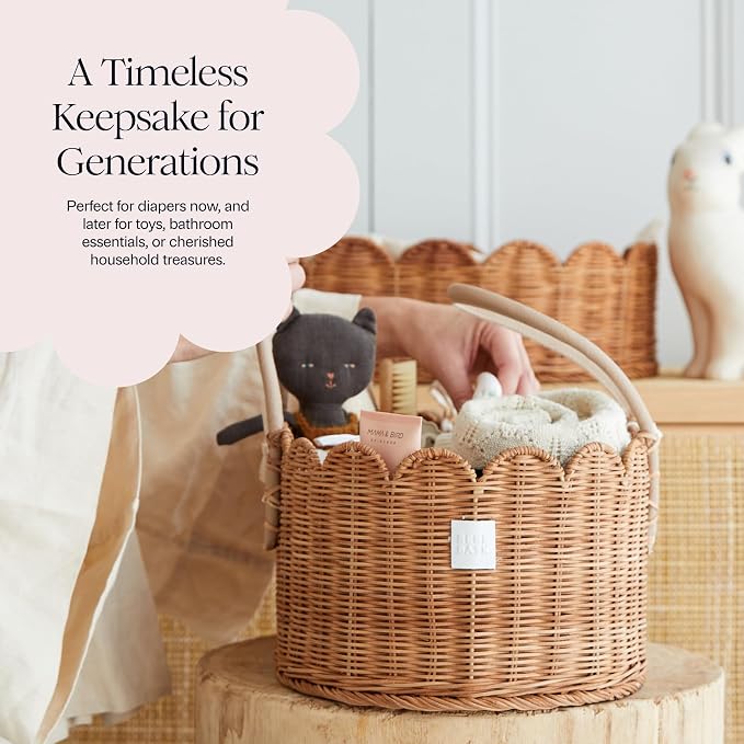 BEBE BASK Premium Baby Diaper Caddy Organizer - Scalloped Rattan Basket | Handmade & Award-Winning, Elegant Scalloped Edge, Newborn Essentials, Nursery Basket, Removable Divider, Baby Shower (Mocca) - Image 8