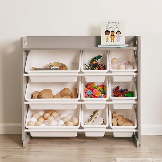 ECR4Kids 3-Tier Organizer with Shelf and 9 Removable Plastic Bins, 3x3, Toy Storage, Grey/White | Durable plastic bins, MDF panels, steel frame, GREENGUARD Gold Certified, 36 lb capacity, anti-tip kit, playroom/classroom - Image 11