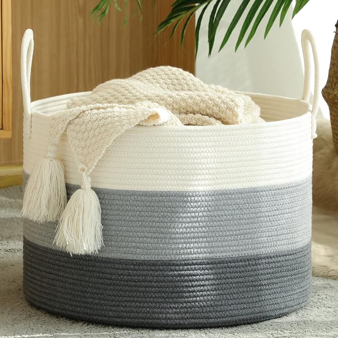 KAKAMAY Large Cotton Rope Blanket Basket (20"x13"),Woven Baby Laundry Hamper，Blanket Basket for Nursery, Laundry, Living Room, Pillows, Toys Dotted Pattern（White） - Image 2