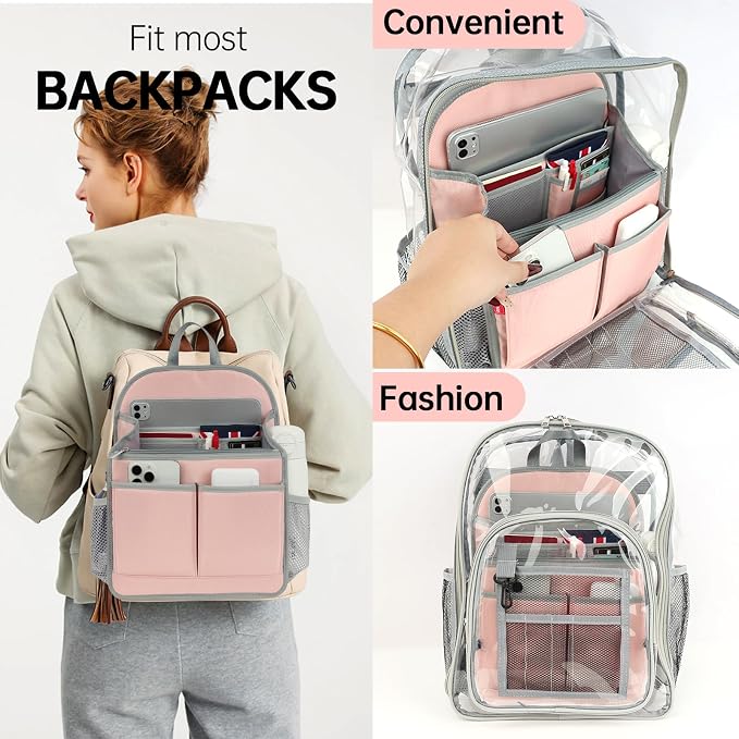 Large Premium Wider Rugged Backpack Organizer Insert for Men Women Work Travel -19 Pockets, Padded Nylon-Pink - Image 4