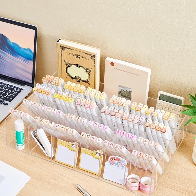 MotiMind Acrylic Pen and Marker Organizer for 350 Markers | 26 Compartments, Vertical Marker Pencil Organizer, Acrylic Pen Display Holder, Art Supply Storage for Desk Stationery, Clear - Image 5