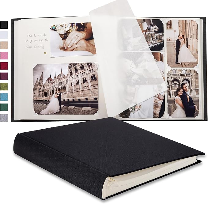 Pssoss Large Linen DIY Scrapbook Album with Writing Space, 100 Pages, Black | Fits 3x5, 4x6, 5x7, 6x8, and 8x10 photos for baby, wedding, family, children, anniversary, and memory keeping. by Pssoss