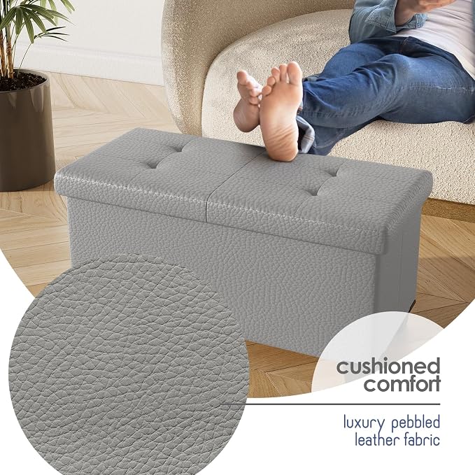 Storage Ottoman Bench with Bins, 30-in Storage Bench for Bedroom End of Bed, Folding Foot Rest Ottoman for Living Room Max 660lbs, Leather Ottomans, Light Grey - Image 7