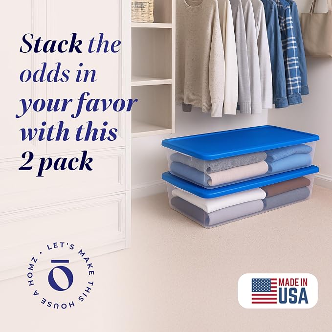 HOMZ 2-Pack Snaplock, Large Clear Plastic Storage Organizer Bins w/Lids, 41 Quart, Blue - Stackable Container Boxes for Bedroom, Bathroom, Garage, and Office Organization - Image 2