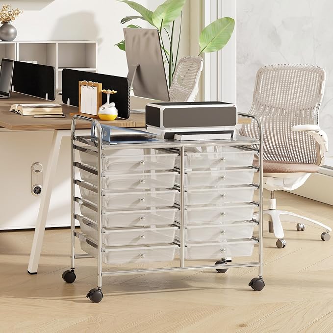 RELAX4LIFE 12-Drawer Rolling Storage Cart - Mobile Utility Cart on Wheels for School Classroom Teacher Office Salon, Paper File Art Supply Craft Organizer, Rolling Cart with Drawers (Clear) - Image 8