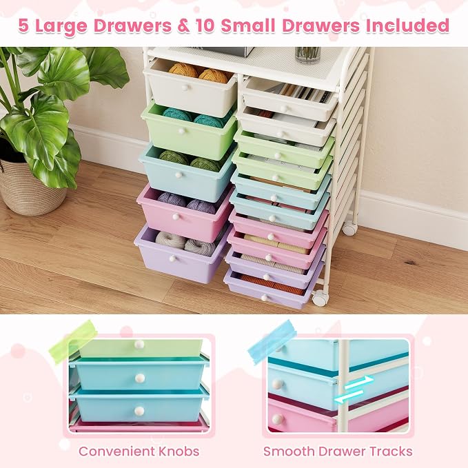 15 Drawer Rolling Storage Cart, Rolling Cart with Drawers for Classroom, Art Supply Craft Organizer on Wheel with Metal Frame & Handles for Home Office School (Ice cream color, 15 Drawer) - Image 7