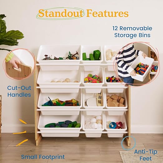 ECR4Kids 4-Tier Organizer with 12 Removable Plastic Bins, 4x3, Toy Storage, Dark Natural/White | Durable plastic bins, MDF panels, steel frame, GREENGUARD Gold Certified, 48 lb capacity, anti-tip kit, playroom/classroom - Image 6