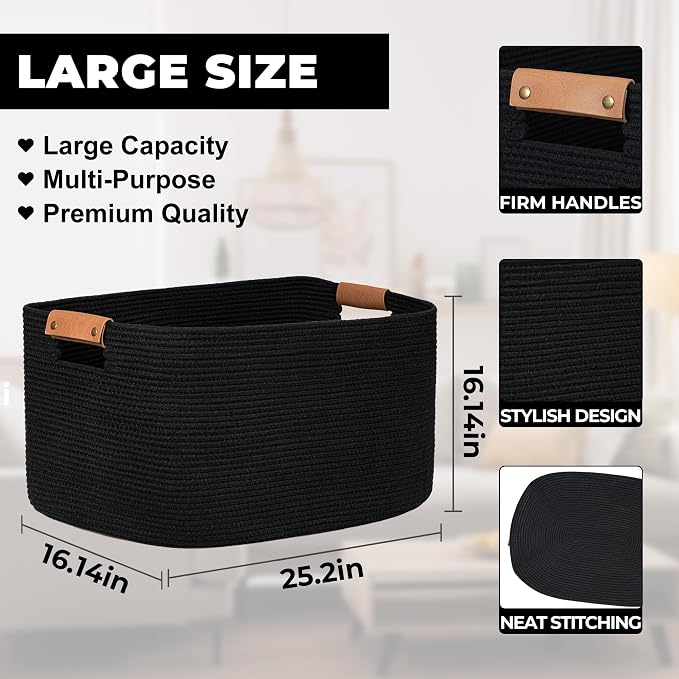 Large Woven Basket, 108 L Blanket Basket for Living Room, Nursery Bin for Toys Organizing & Laundry, Cotton Rope Hamper with Leather Handle, 25’’*16’’*16’’ Black - Image 2