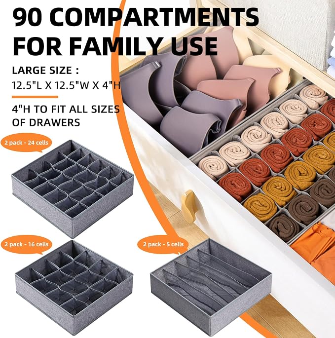 6 Pack Large Drawer Organizer for Sock Underwear - Washable Heavy Duty Fabric Closet Organizers and Storage Bins - 90 Cells Dresser Organizer Divider for Baby Clothes, Ties, Belt (Grey) - Image 2