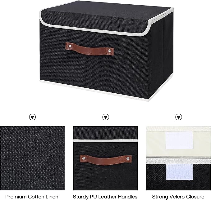 ANMINY Fabric Storage Box Bins with Lids, Black, 15"x10"x10", 4 Pack | Keepsake Memory Storage, Cotton Linen, PP Board Reinforced, Washable, PU Handles, Foldable & Stackable, Decorative, Large - Image 3