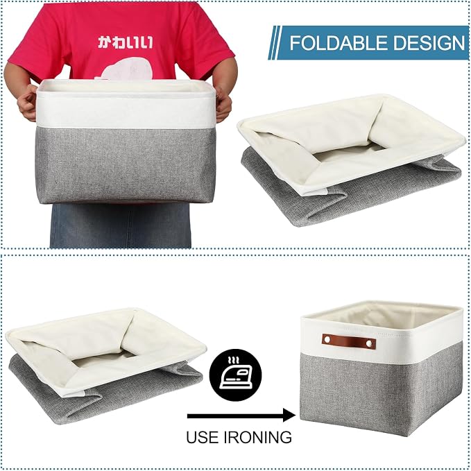 Uiifan 10 Pcs Collapsible Storage Bins Fabric Foldable Storage Basket with Handles Cloth Organizer Linen Shelf Baskets for Shelves Home Closet Nursery Toys(16 x 12 x 10 Inch,Gray and White) - Image 7