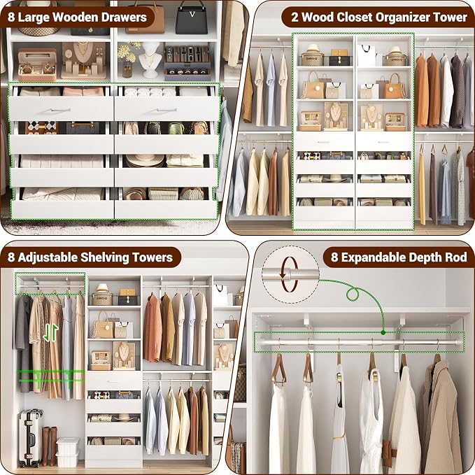 Aheaplus Closet System, Wood Closet Organizer System with Drawers, White | Set 2 Closet Wardrobe Organizer System with 4 Hanging Rods & Top Shelves, for Walk-in Closets, Cut Fits Spaces 4-9FT. Wide - Image 2