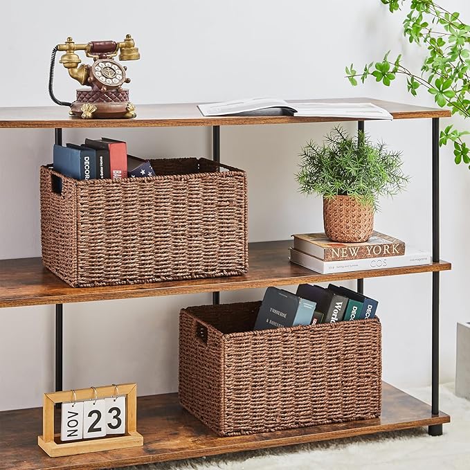 Large Wicker Storage Basket, Set of 2 Baskets for Organizing Brown | Hand-Woven Wicker Small Storage Baskets for Organizing Toilet Paper, Foldable Large Cube Storage Organizer Bins for Shelves - Image 4