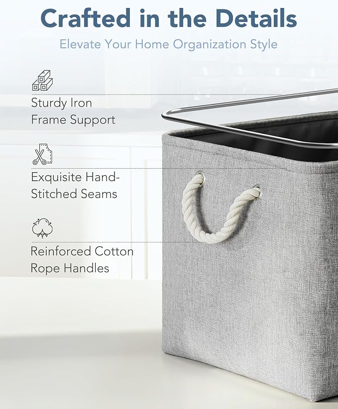 13x15x13 Inch Large Storage Bins with Cotton Rope Handles 6-Pack | Foldable, Top support of metal frame, Bottom with Cardboard Support, Fabric Cube Storage Bins for Closet, Grey - Image 5