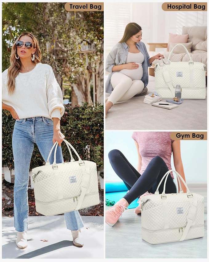 Women Weekender Travel Duffle Bag: Travel Duffel Overnight Bags with Shoe Compartment Large Carry on Tote Bag Toiletry Bag Weekend Yoga Gym Hospital Bags for Labor and Delivery with Wet Pocket Beige - Image 2