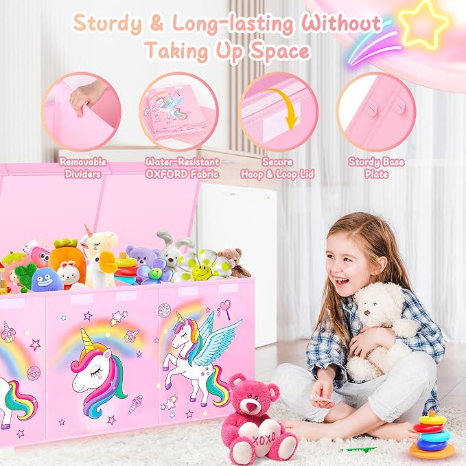 Extra Large Toy Box with Lids, Collapsible Storage Chest, 40"x16"x16" Pink | Sturdy Large Toy Storage Organizer Bins with Dividers, Toybox for Kids Boys Girls, Bedroom Nursery Playroom Organization - Image 4