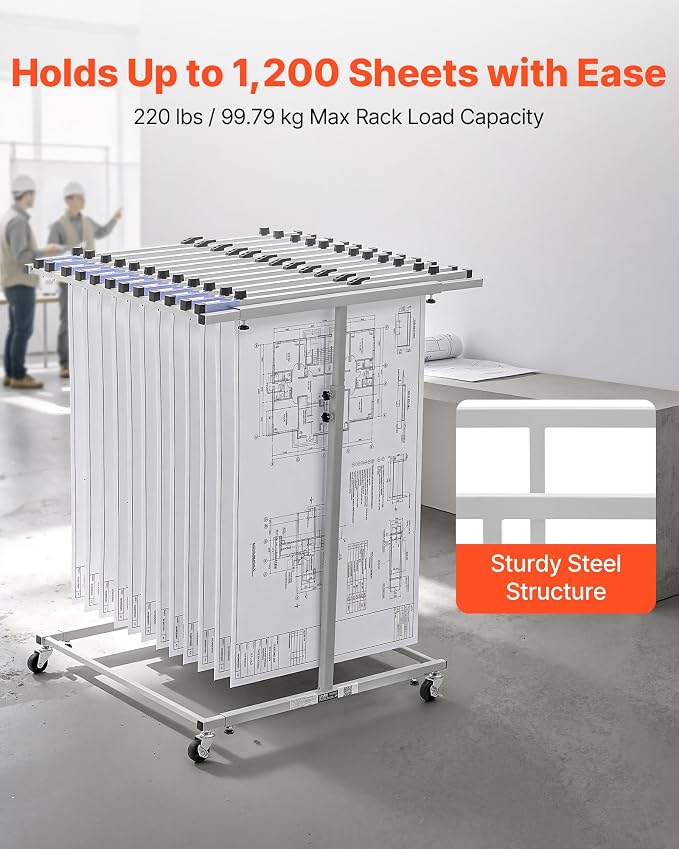 VEVOR Blueprint Storage Rack, Mobile Blueprint Holder with 12 Pivot Brackets, Plan Holder Adjustable Height & Length, Poster Display Rack for Office and Home (Rack Only Without Clamps) - Image 4