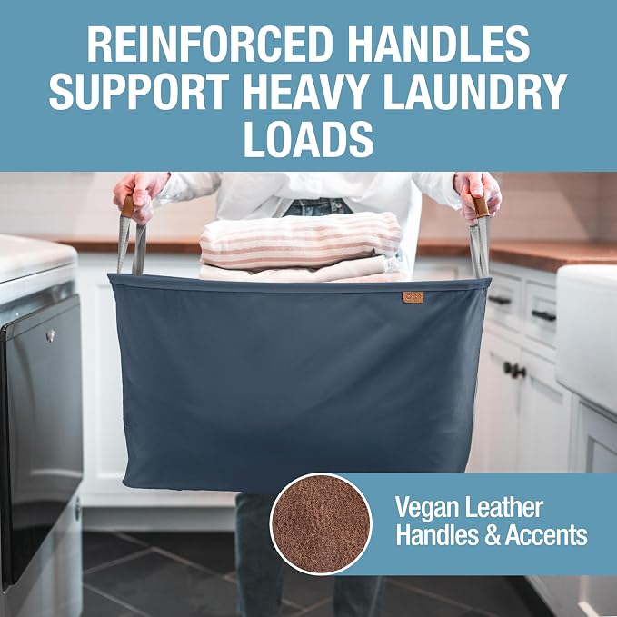 Collapsible Laundry Basket LUXE (300D) - Navy Noir/Cream (2PK) | Elevate Open-Room Laundry Storage | Refined Fabric and Vegan Leather Add Polish, While Each Basket Holds 55 lb - Image 4