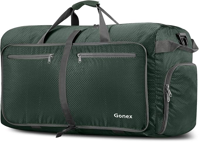 Gonex 80L Foldable Travel Duffle Bag with Shoe Compartment, Lightweight | 210D Nylon, Water-Repellent, Folds Compact, Multiple Pockets, Luggage Sleeve, Weekend Trips & Camping, Dark Green by Gonex