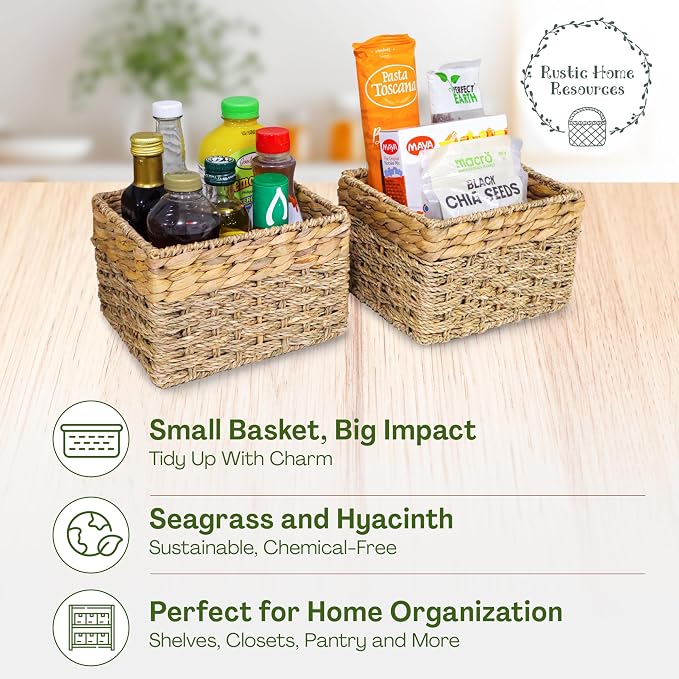 Small Wicker Storage Basket, Set of 2, 8 x 7 x 5.5 Inches | Natural, Woven Baskets for Organizing Living Room, Pantry, Shelves, Wicker, Decorative, Storage, Small - Image 7