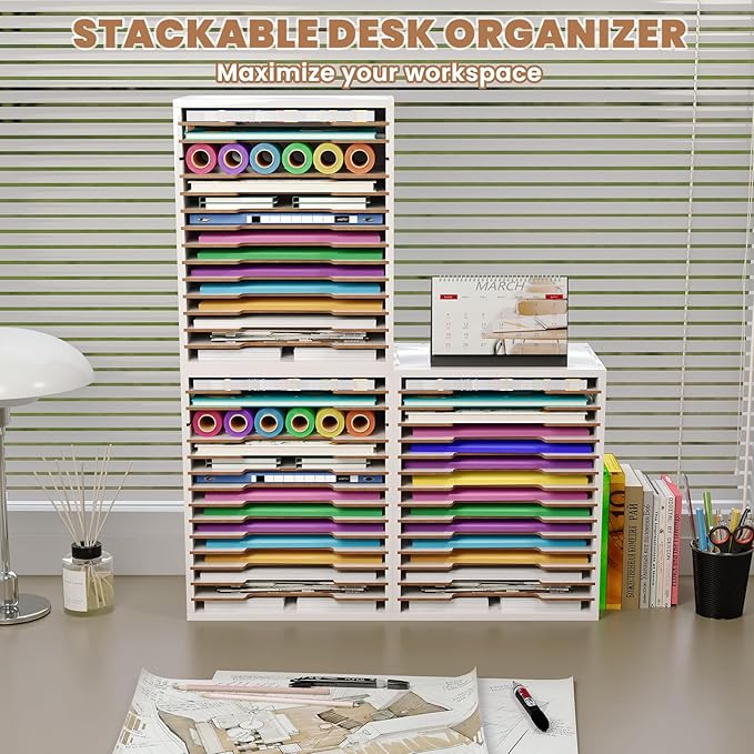 8.5x11 Scrapbook Paper Organizer Wood, 15 Tier Desk File Organizer with Handle, 9x12 Construction Paper Storage Holder Letter Tray Mail Sorter for Craft Room Home Office Classroom, White - Image 6