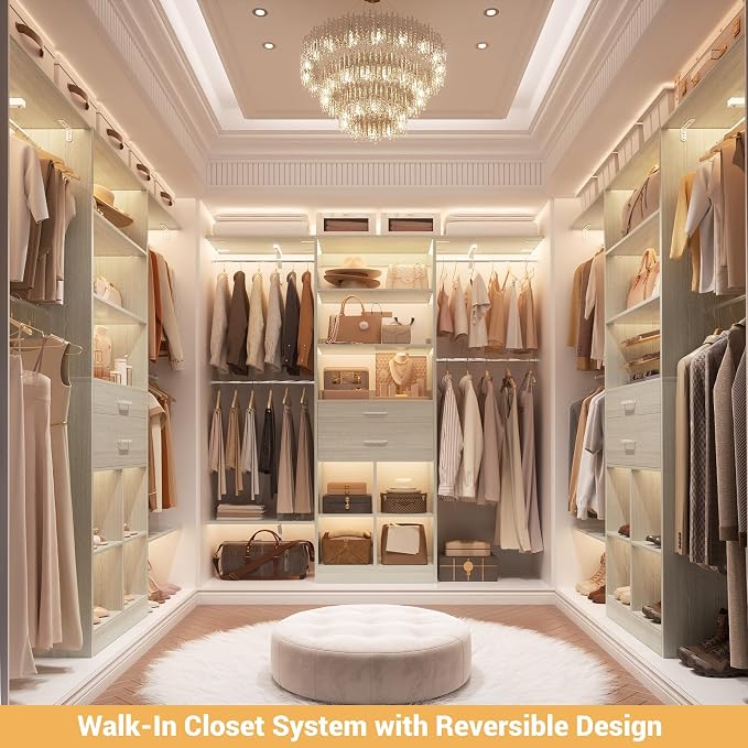 Small Closet System - 5FT Closet Organizer System with Wooden Drawers, 60 Inches Walk In Closet System With 5 Hanging Rods, Can Fit 1.58 to 6.8 FT with Reversible Hanging Shelving, Greige Oak - Image 6