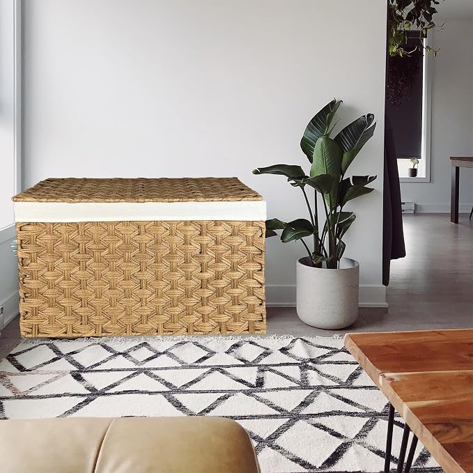 Wicker Storage Basket with Lid, 42.3 Gallon (160L) Large Blanket Basket with Lid, Woven Storage Bin with Handles, Removable Liner, Metal Frame, Foldable, for Bedroom, Laundry Room, Natural - Image 3