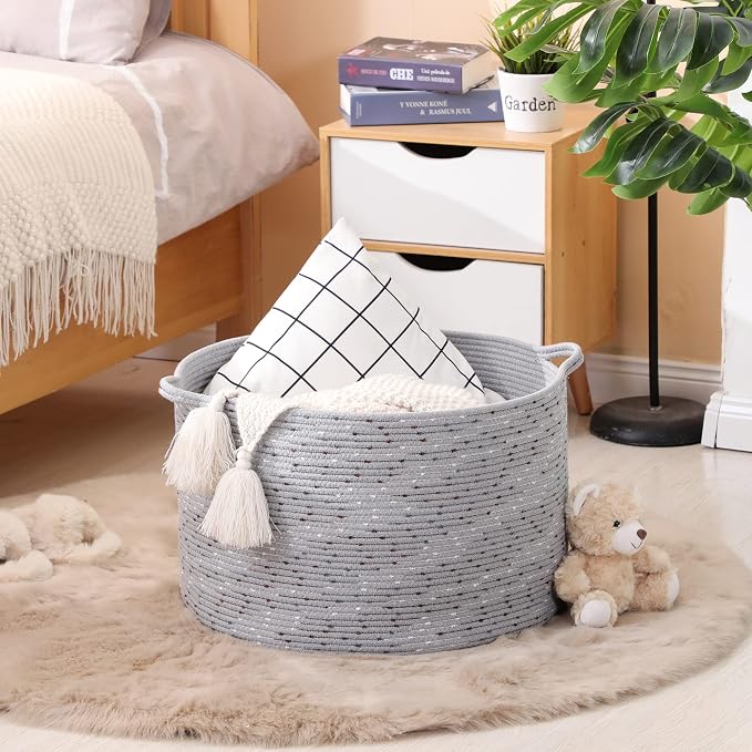 KAKAMAY Large Blanket Basket (20"x13"),Woven Baskets for storage Baby Laundry Hamper, Cotton Rope Blanket Basket for Living Room, Laundry, Nursery, Pillows, Grey with Blue & Brown Dotted | Extra Large Capacity | Natural Cotton Rope | Blanket Storage | ... - Image 2