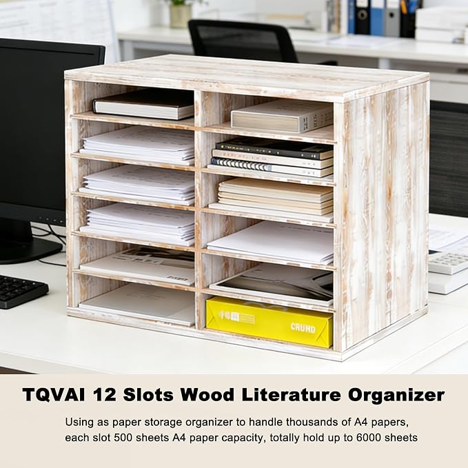 TQVAI Wood Literature Organizer, 12 Slots, Retro White | Holds 6000 Sheets A4 Papers, Adjustable Shelves, Mailbox Cubbies, For Office Home Classroom - Image 4