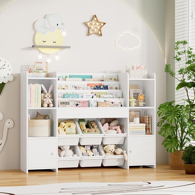 Toy Storage Organizer with 6 Toy Bins & 4 Tier Kids Bookshelf | Toy Organizer with 6 Cubbies, Kids Toy Organizers and Toy Storage with Bins, Playroom Storage and Toy Chest, White - Image 8