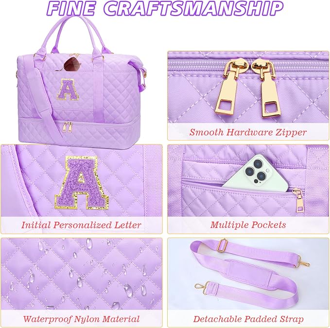 Gift for Women-Teenage Girl Gift Initial Duffle Bag(Purple,A) | Gifts for Teen Girls-Overnight Bags with Toiletry Bag-Weekender Bags with Shoe Compartment for Travel - Image 6